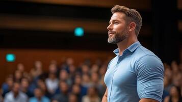 Inspiring speaker engaging audience at corporate seminar, showcasing confidence and charisma photo