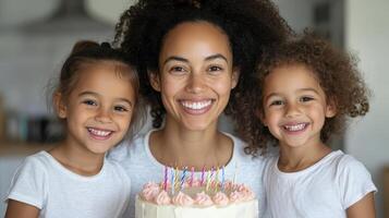 joyful mother celebrates her birthday with her two smiling daughters, surrounded by beautifully photo
