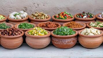 Fresh ingredients in clay pots showcase vibrant colors and textures, perfect for cooking photo
