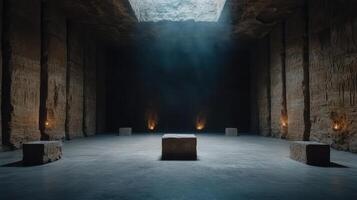 mystical underground temple chamber with soft illumination and ancient stone walls creates photo