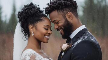 newlywed couple sharing romantic moment in snow, surrounded by nature beauty photo