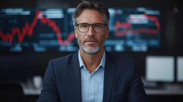 Professional man in suit with glasses, focused on financial data analysis in office setting photo