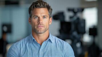Professional man with serious expression, wearing blue shirt, in studio setting photo