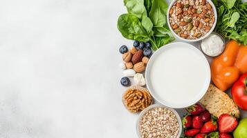 Fresh fruits, nuts, and dairy create vibrant, healthy meal prep scene photo