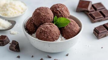 Creamy chocolate dessert scoops served in bowl with coconut flakes and mint garnish photo