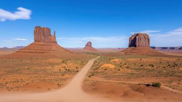 stunning panoramic view of Monument Valley showcasing iconic rock formations clear blue sky photo