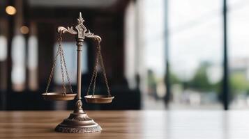 decorative balance scale symbolizes justice and fairness, placed wooden table modern setting photo