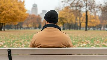 person sitting alone on park bench, surrounded by autumn leaves, deep in thought photo