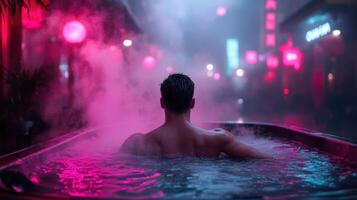 serene scene of person relaxing in hot tub, surrounded by vibrant neon lights and steam photo