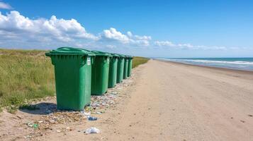 row of green recycling bins placed along sandy beach, surrounded by litter, highlights photo