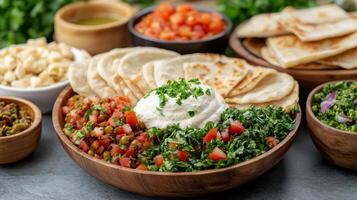 vibrant Lebanese mezze platter featuring fresh ingredients, herbs, and dips, perfect for sharing photo