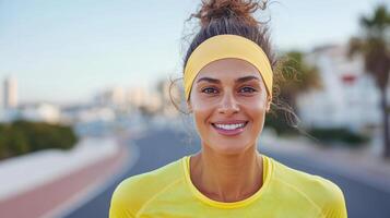 smiling runner in bright yellow outfit, enjoying sunny day outdoors photo