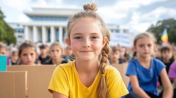 young girl with braid smiles confidently climate action protest, surrounded by peers holding photo