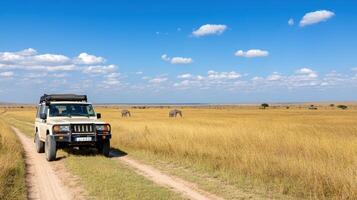 safari jeep driving through African savanna, surrounded by elephants and tall grass photo