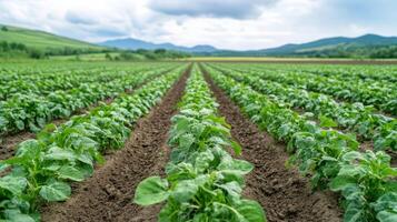 Lush green rows of crops stretch across scenic landscape, showcasing agricultural beauty photo