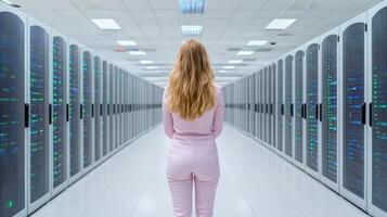 person stands modern server room, surrounded by rows of data storage systems, showcasing photo