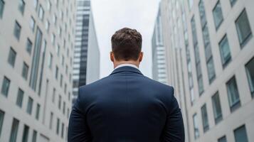 man in suit stands between modern buildings, reflecting on his future photo