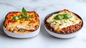 Classic Greek moussaka and modern lentil version side by side, showcasing delicious layers photo