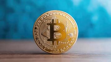 shiny gold coin representing cryptocurrency, symbolizing digital finance and investment trends photo