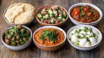 Delicious Lebanese mezze featuring various dishes, showcasing vibrant colors and textures photo