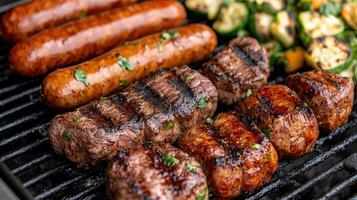 Grilled meats including sausages and steaks, showcasing delicious barbecue spread photo