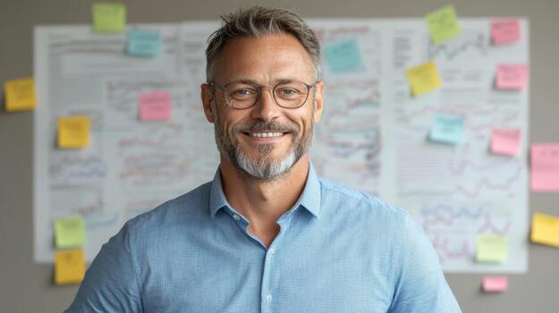 confident business professional smiling in office setting with charts and notes in background photo