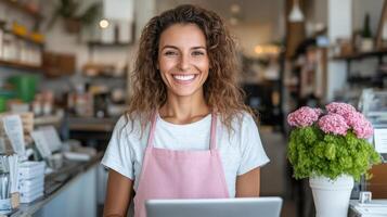 cheerful small business owner smiles while using laptop in cozy cafe setting photo