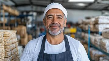 confident small business owner smiling warehouse filled with products, showcasing dedication and photo