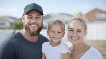 Happy family standing together outdoors, enjoying sunny day with smiles photo