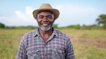 joyful farmer wearing straw hat smiles in lush green field under clear sky photo