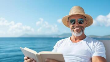 Relaxing man reading book by ocean, wearing sunglasses and straw hat, enjoying sun photo