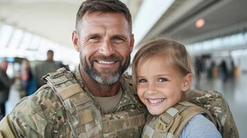 joyful reunion between soldier and child at airport, showcasing love and happiness photo