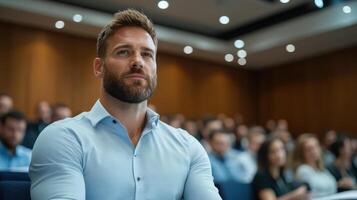 focused man with beard listens intently at business conference, surrounded by engaged audience photo