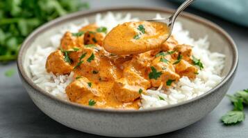 Creamy Thai curry served over fluffy rice, garnished with fresh herbs for delightful meal photo