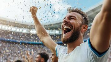 Excited fan celebrating sports victory with confetti in air, showcasing joy and enthusiasm photo
