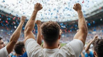 Celebrating fans in stadium with confetti, showcasing excitement and joy photo