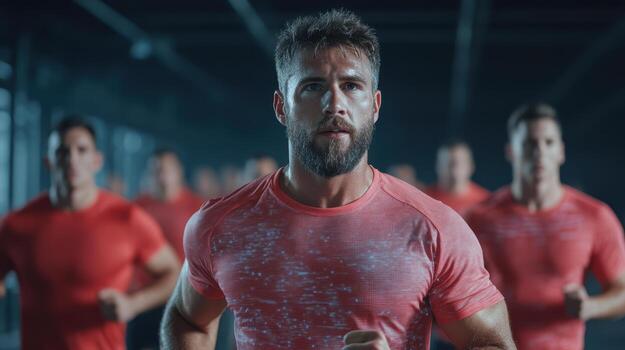 High intensity training session with athletes running in gym environment photo