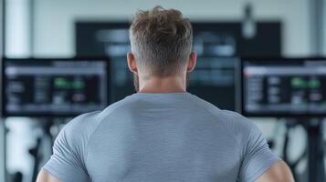 focused individual in gym setting analyzes performance data on screens, showcasing dedication photo