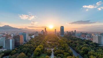 stunning sunset over vibrant city skyline, showcasing lush greenery and modern architecture photo