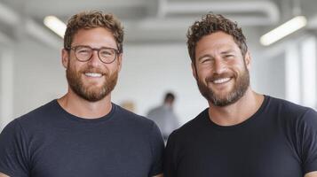Smiling men with curly hair and beards modern office setting, exuding confidence and camaraderie photo