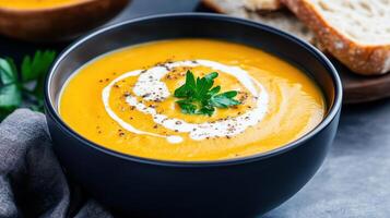 steaming bowl of homemade butternut squash soup garnished with cream and herbs, perfect for cozy photo