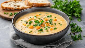 steaming bowl of homemade butternut squash soup garnished with herbs, served with bread photo