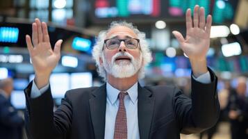 trader celebrates successful moment on stock exchange floor, raising hands in excitement photo