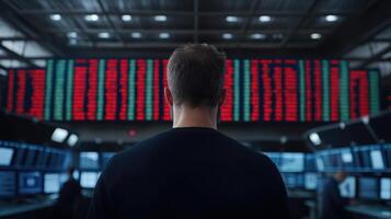 trader observes stock market data trading floor, surrounded by screens displaying fluctuating photo