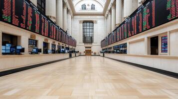 bustling stock exchange trading floor with global tickers displaying market data and activity photo