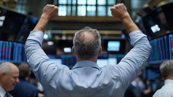 trader celebrates successful trade with raised arms in bustling stock exchange photo