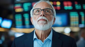 Focused trader observing market trends with thoughtful expression bustling trading environment photo