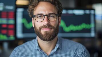 Professional trader with glasses, smiling confidently in front of stock market screens photo
