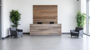 Modern reception area with wooden desk and plants, creating welcoming atmosphere photo