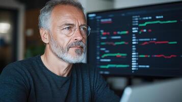 Focused trader analyzing financial data digital dashboard, showcasing market trends and insights photo